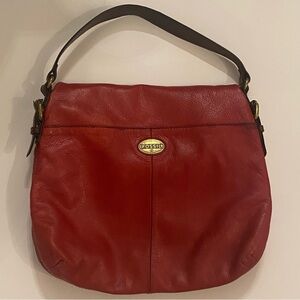 Fossil Red Shoulder Bag with Gold Emblem Brown leather handle and gold zippers